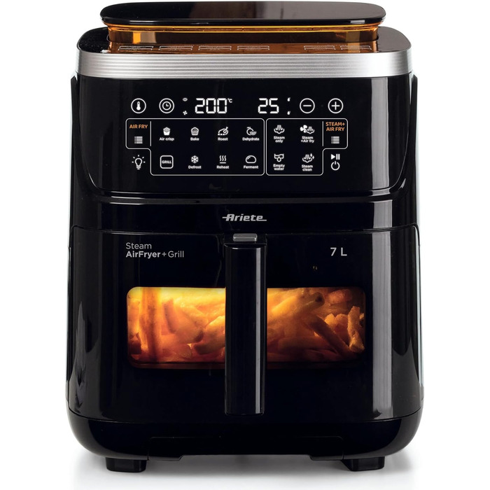 Фритюрниця Ariete 4636 з функцією пари та грилем, 1700W, сушильна функція, 10 режимів приготування, прозорий кошик, таймер, підсвітка, чорний колір