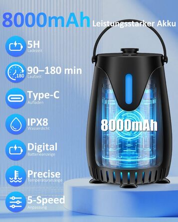 Camping душ Spopal з насосом 8000mAh, портативний, з вимірюванням температури, нічником, IPX8, для подорожей, поливу квітів, автомийки, миття тварин