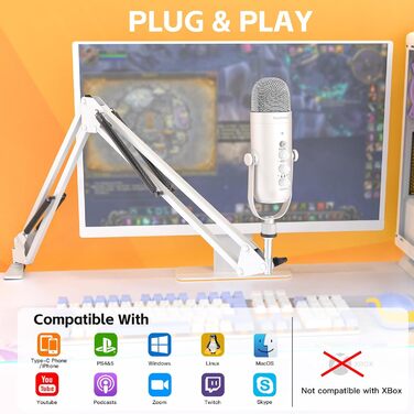 Zealsound USB мікрофон для подкастів, ПК, телефону – з шумозаглушенням, кнопкою вимкнення звуку, ехо-ефектом для вокалу, стрімінгу, геймінгу, YouTube. Сумісний з iPhone, Mac, PS5 (перламутрово-білий)