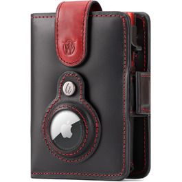 Will Fire® AirTag Wallet with Photo Pouch | Includes AirTag Attachment | Genuine Leather Wallet with Coin & Bill Compartments | Extra Secured RFID Card Holder | Space for up to (12) Cards | [Black-Red, Smooth Leather]
