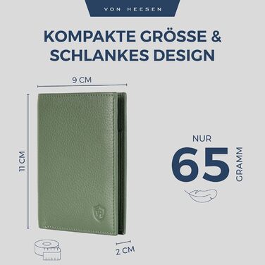 VON HEESEN Гаманець для чоловіків і жінок, зелений, з відділенням для монет, натуральна шкіра