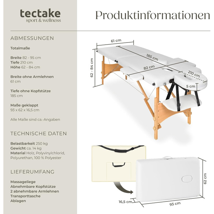 Масажне ліжко Tectake® з 2 зонами, складна, портативна, з 5 см підкладкою, регульована висота, для мобільного масажу, масажна банкетка з дерев'яними ніжками та аксесуарами (сумка-переноска) - без масажних роликів, білий
