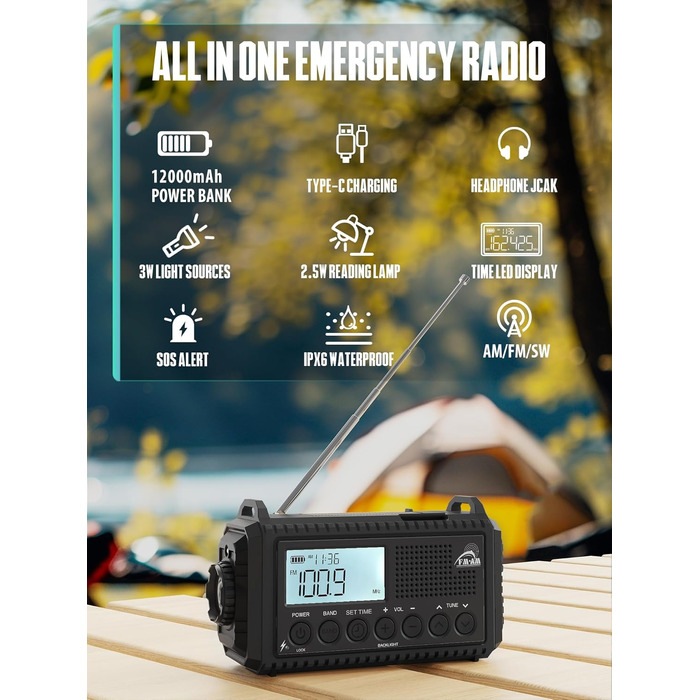 Радіо на механічній ручці з сонячною панеллю та Powerbank 12000mAh | FM/AM/SW радіо для екстрених ситуацій, зарядка USB-C, SOS-сигнал, ліхтарик та лампа для читання | Водонепроникне, портативне радіо для кемпінгу, туризму, чорне