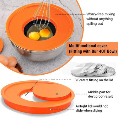 Набір місок для перемішування BEWOS 7 шт. з кришкою, нержавіюча сталь, набір місок з терткою, вкладна конструкція, кольорові нековзні дна, об'єм 4.3, 3.8, 3.3, 2, 1.4, 1, 0.7 л для змішування та подачі