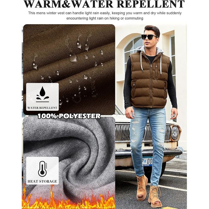 Чоловіча степкова жилетка Vancavoo з капюшоном, тепла зимова жилетка для активного відпочинку, спортивна жилетка, перехідна куртка, колір кава, розмір S