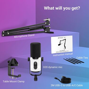 Ігровий мікрофон FDUCE з USB/XLR підключенням для стрімінгу, запису подкастів та співу з RGB-підсвіткою, регулятором посилення та навушниками (D20+)