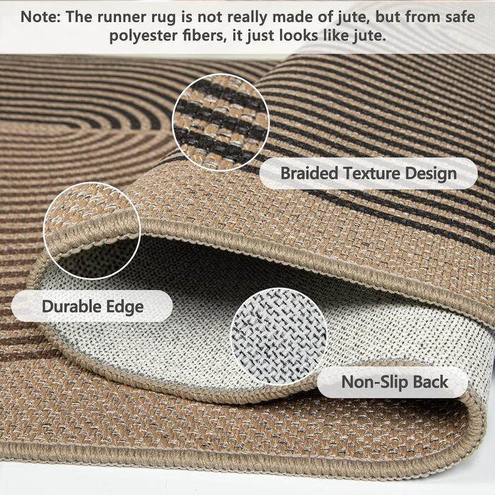 Килимок для підлоги 80x200 см з джуту - чорно-коричневий, неслизький, для кухні, коридору, спальні, балкону
