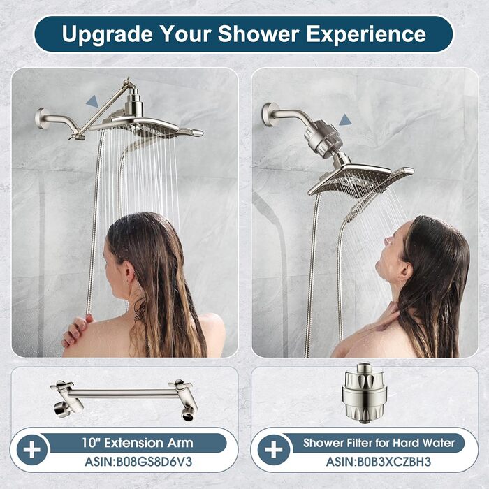 BRIGHT SHOWERS Dual Shower Head Combo Set, Handheld Shower Head, Rainfall Shower Head, Combo with Black Face, 152.4 cm (60 inch) Stainless Steel Shower Hose, (2.5 Gallon Per Minute, Brushed Nickel)