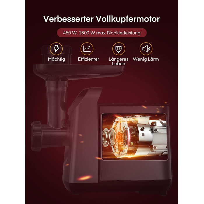 Електрична м'ясоподрібнювач Fleischwolf CompactPower з насадкою для ковбас, 1500W, 3 диски з нержавію (3, 5, 7 мм), затискач, насадка для кебабу, коробка для аксесуарів