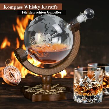Grimm & Brothers: Compass Decanter - Genuine Wood - Whiskey Decanter 850ml with Congratulatory Card - Whiskey Accessories - Men's Gifts - Globe Whiskey Decanter - Gift Set - Alcohol - Whiskey Decanter