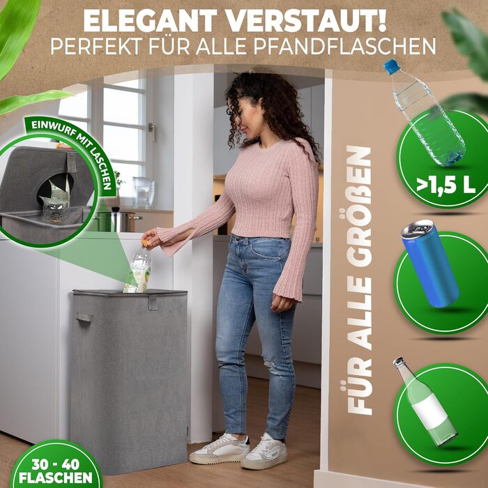 Deposit bottle collection container with lid and carry bag | Deposit container with slot | Ideal bottle organizer for collecting deposits, bottle collector, empty container for kitchen - black (Gray without print)
