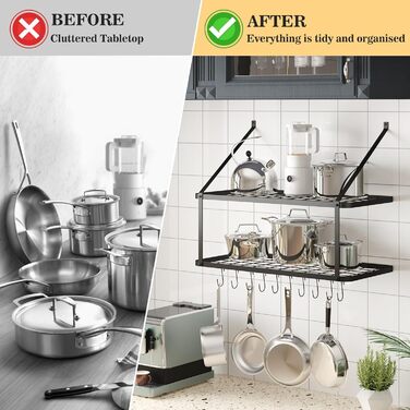 Warmiehomy Kitchen Wall Pot Rack, Wall Shelf Kitchen with 10 Hooks, 2-Layer Pot Pan Organizer, Hanging Spice Rack, Wall Mounted Kitchen Utensil Holder Kitchen Shelf (74.9x34.8x58.9 cm)