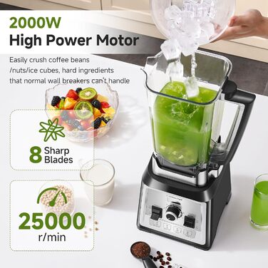 AMZCHEF 2000W Stand Mixer - 2L High-Power Blender with 8 Speeds & 4 Pre-Programs (Crushed Ice, Smoothies, Meat Mixing) - BPA-Free Black