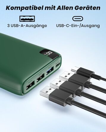 Power Bank Riapow 26800mAh: Швидка зарядка USB-C, 4 порти, LED-дисплей, для смартфонів та планшетів (зелений)