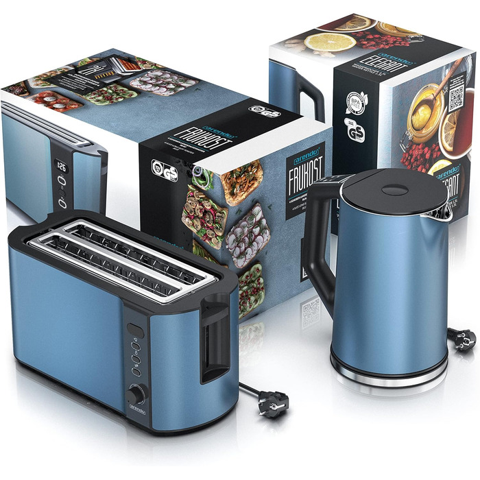 Набір чайник та тостер Arendo SET з нержавіючої сталі, блакитний. Чайник 1,5л, регулювання температури 40-100°C, тостер на 4 тости з LED-дисплеєм, 6 ступенів підсмажування та підставка для бургерів.