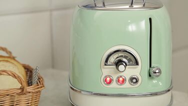 Тостер Ariete Vintage 155, 2-слайсовий, ретро, 6 режимів, автоматичний викид, розморожування, зйомний піддон, нержавіюча сталь, щипці для сендвічів, 810 Вт, зелений