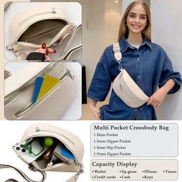 Жіноча сумка через плече з відділенням для дрібних грошей, шкіряна бананка, середнього розміру, з широким регульованим ремінцем. Ідеальна для фестивалів, подорожей та повсякденного використання. Білий колір.