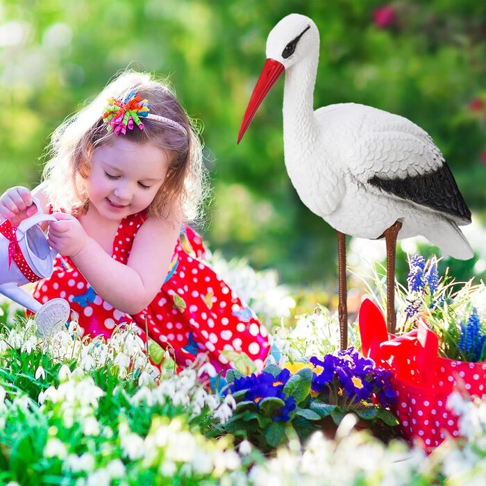 Relaxdays, white/red garden figure stork, garden decoration figure, fish heron protection, welcome stork for new baby, HBT 80 x 22 x 64 cm, garden decoration figure