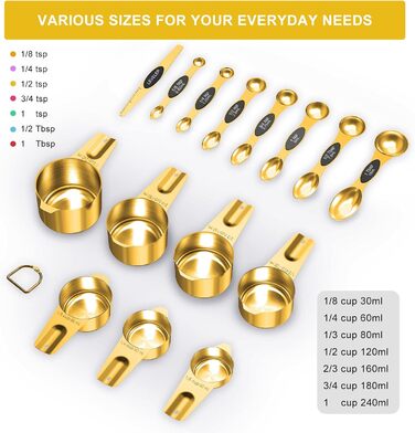 Gold-colored measuring cups and spoons, 15 pieces, 18/8 stainless steel, including 7 stackable metal measuring cups, 8 magnetic measuring spoons – ideal kitchen aids for cooking and baking