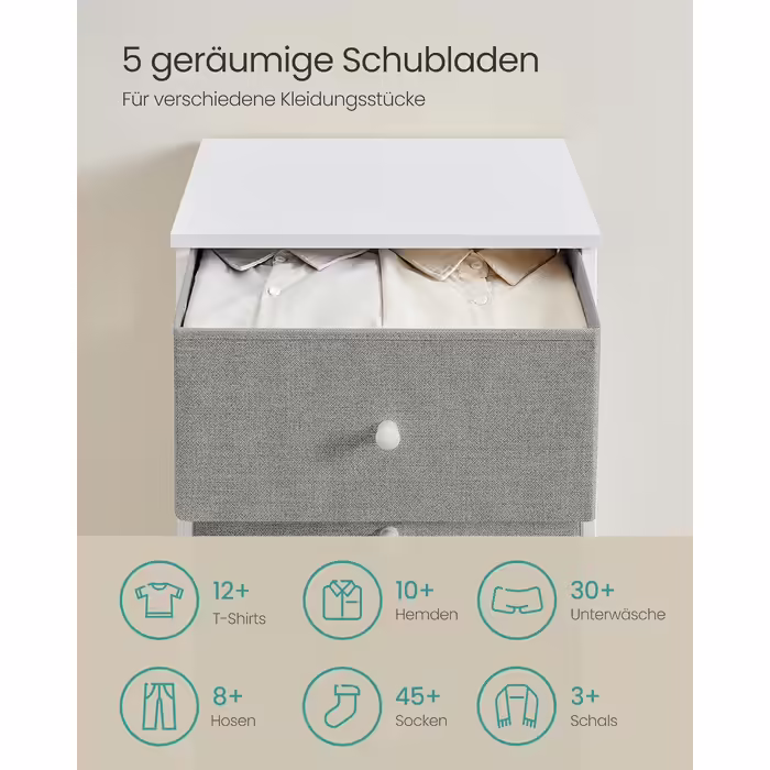 SONGMICS Chest of Drawers, Storage Cabinet with 4 Fabric Drawers, Metal Frame, Tall and Narrow, White-Oak Finish LTS314W57 (Pigeon Gray + Cream White, 29.8W x 45D x 112.3H cm (5 Drawers))