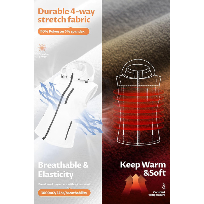 Жіноча софтшеллова жилетка CREATMO US, вітрозахисна куртка без рукавів з капюшоном (XL, білий/квітковий принт)