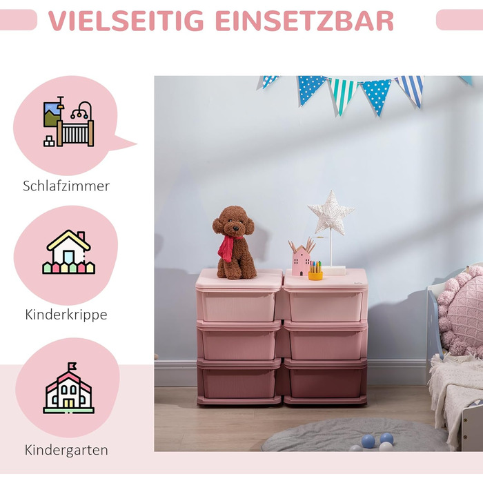HOMCOM Kids' Chest of Drawers with Storage Boxes, Toy Organizer, Toy Box, Three Tiers for Children's Room, 3-6 Years, Children's Furniture, 37 x 37 x 56.5 cm (75L x 37W x 56.5H cm, Pink+Purple)