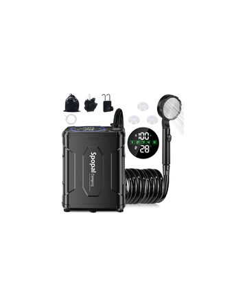 Портативний душ для кемпінгу Spopal 13000 mAh, водонепроникний IPX8, з цифровим дисплеєм та функцією паузи, для подорожей, піших прогулянок, миття авто (Чорний)