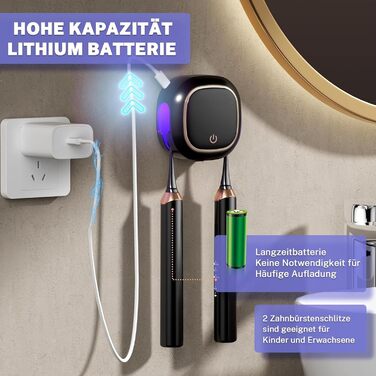 Maxspace UV Toothbrush Sanitizer, Wall-Mounted Toothbrush Holder with Drying, Rechargeable Toothbrush Sterilizer with 2 Slots for Family Use (Black)