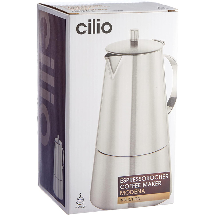 Cilio Espresso Maker MODENA, Stainless Steel, Suitable for All Cooktops, Ø 9.5 cm, Dishwasher Safe, Moka Pot, Espresso Maker 6 Cups, Camping Coffee Maker