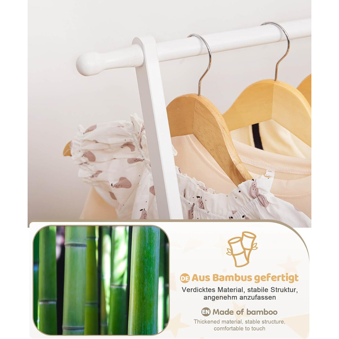 Дитяча вішалка для одягу Yorbay з бамбука, подвійна регульована штанга, полиці для зберігання, біла