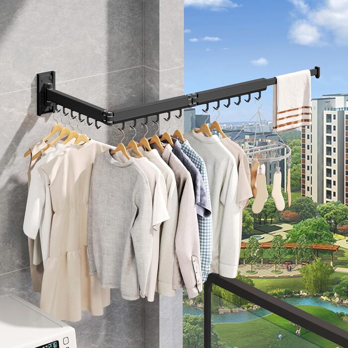 Настінна сушилка для білизни розкладна та складна, з алюмінію, 100 кг, з білими гачками (Black-hooks)