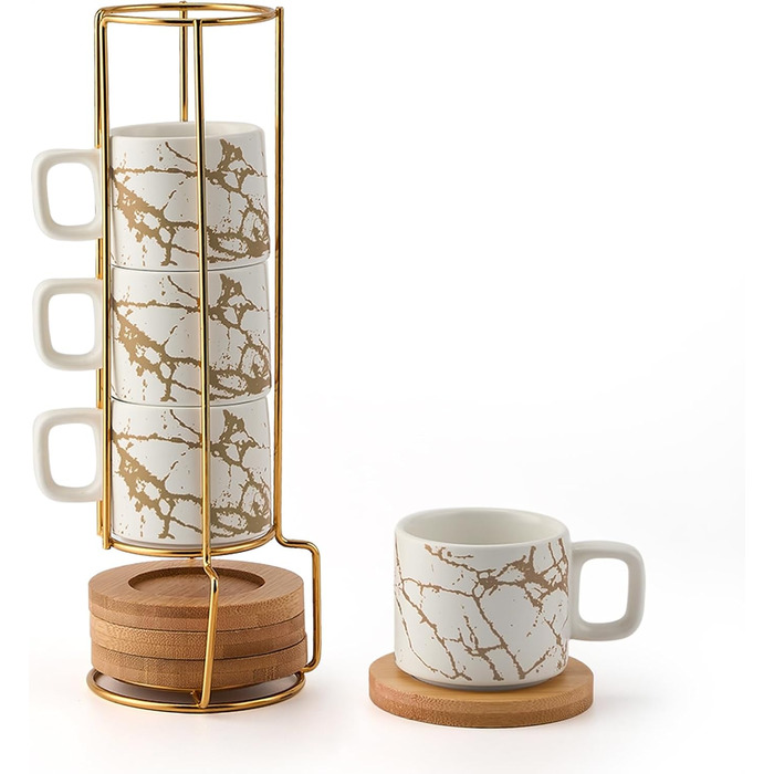 Набір порцелянових еспресо-чашок з блюдцями та металевою підставкою LUKA (4 шт.), 118 мл, мармуровий білий