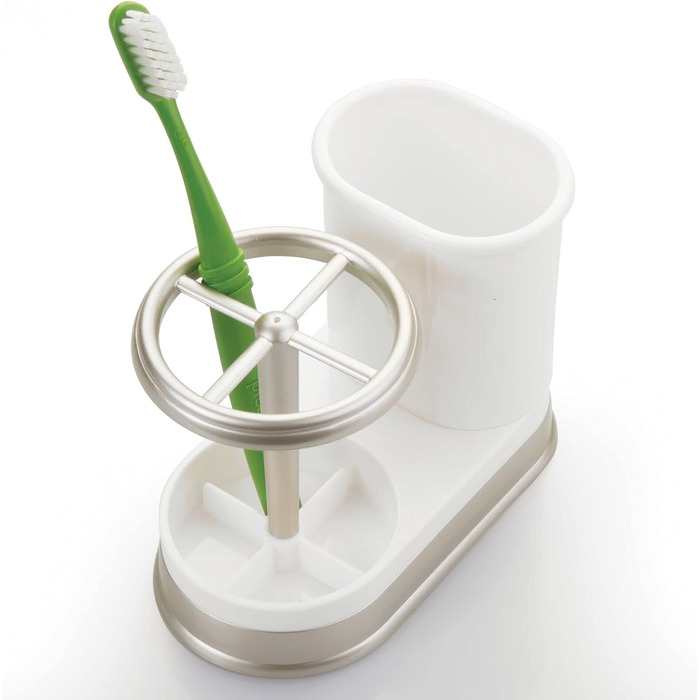 mDesign Toothbrush Holder - high-quality toothbrush holder made of plastic for bathroom sink or vanity cabinet - practical holder for toothbrushes and toothpaste - white and matte silver