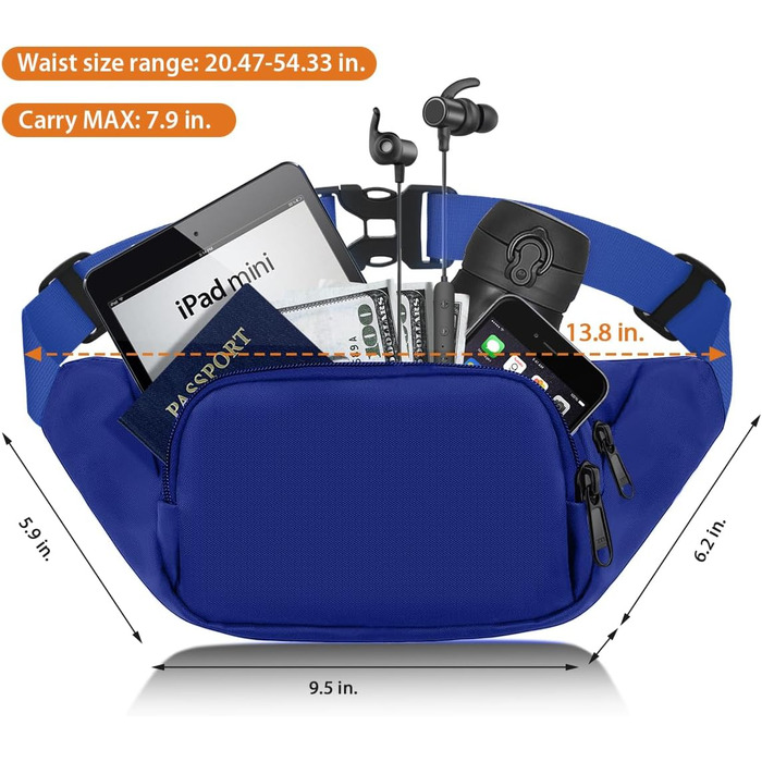 Чоловіча/Жіноча поясна сумка-бананка 35 см з великою місткістю, водонепроникна, для iPad mini/iPhone 12 Pro Max, для спорту, чорна