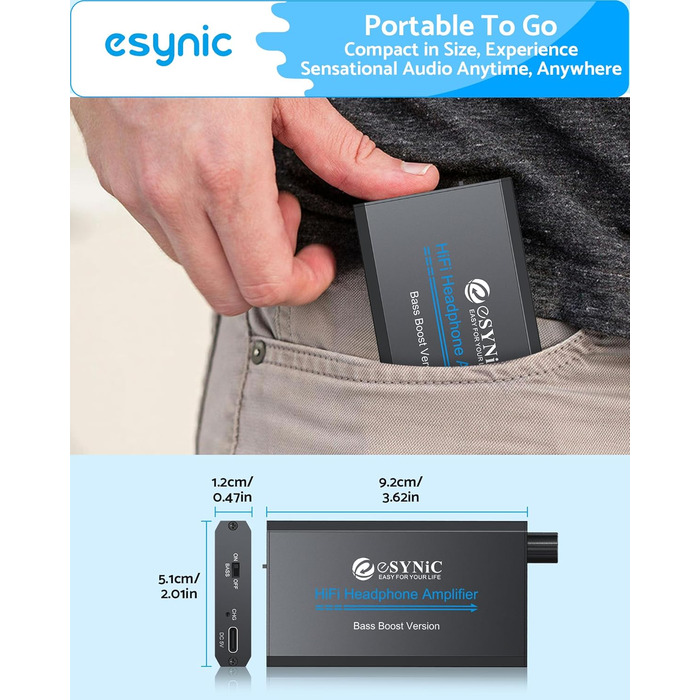 eSynic Професійний підсилювач навушників з підсиленням басів, 16-300 Ом, портативний, 3.5mm, для MP3, MP4, телефонів, комп'ютерів