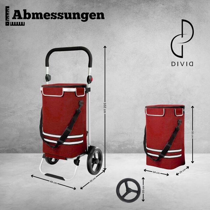 DIVID® Коляска для покупок зі складною візком, 56 л об'єм, до 50 кг вантажопідйомність, складна, сумка через плече та відділення для охолодження, складаний візок для покупок (Червоний)
