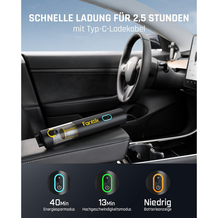 Потужний акумуляторний автопилосос Fanttik Slim V8 Apex 19000 Па, 4-в-1 ручний пилосос RobustClean, міні повітряний насос, портативний пилосос для авто, офісу, клавіатури, чорний