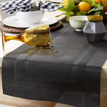 DII PVC Tablecloth Collection - Woven for Indoors and Outdoors, Polyvinyl Chloride, Black, Table Runner, 14x72