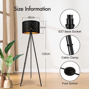 Стійка LED лампа AUQUEE для вітальні, 6W, чорна, сучасна тринога з декоравим абажуром та вимикачем на ніжці, ретро лампа для читання, для вітальні, спальні