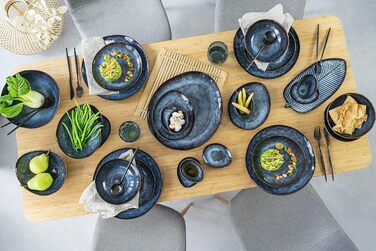 Singer | Teller Set Tokio 12-Piece Set, Stoneware Dinnerware Set for 4 People, Tableware Service including Dinner Plates, Cake Plates & Bowl Set, Dark Blue Dinner Service with Black Accents | PREMIUM COLLECTION 12-Piece Tableware Set