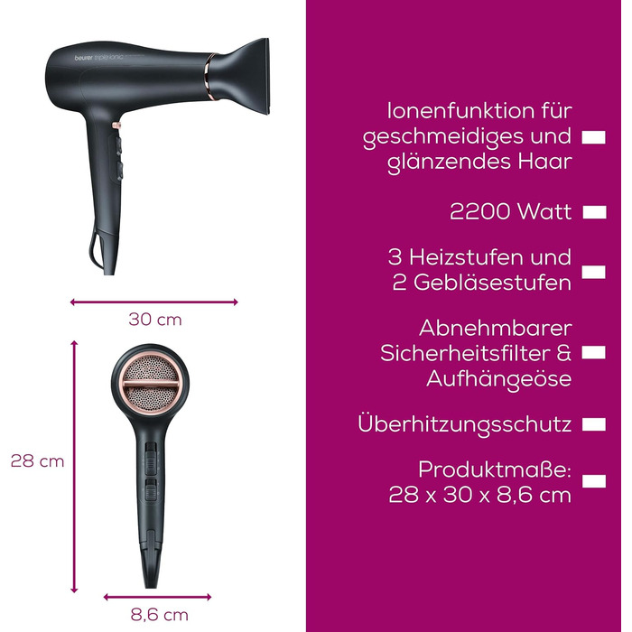 Фен Beurer HC 50 Ionen 2200 Вт з іонізацією, насадка для укладки та дифузор для об'єму