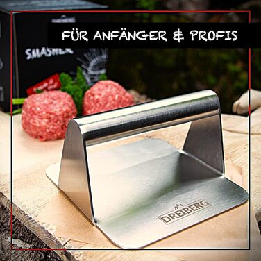 DREIBERG® Набір для приготування Smash Burger: прес для бурґерів з нержавіючої сталі + папір для бурґерів. Прес для смаження бурґерів на грилі, сковороді та тепаньякі (круглий)