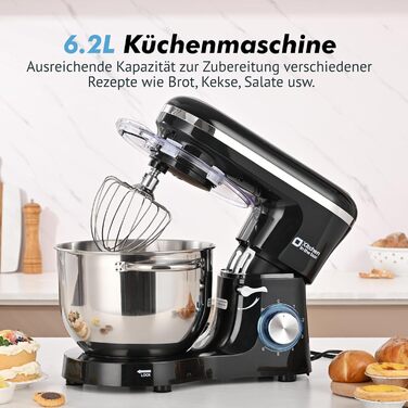 Кухонна машина Küchenmaschine 6.2 л, 1400 Вт, 6 швидкостей, з набором насадок (міксер, гак для тіста, вінчик), чорний колір