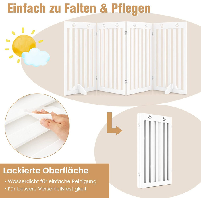 Захисний забір для собак COSTWAY 89 см, дерев'яне огорожа, дитяче ворота, розкладні, гнучкий захист, 4 панелі (білий)