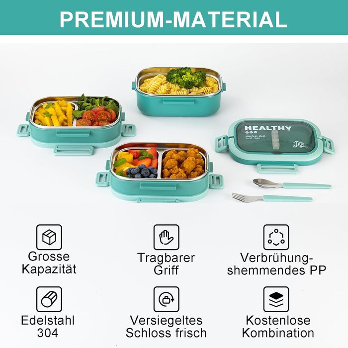 Ланчбокс Lille Home з 4 відділеннями, 1650 мл, з посудом, BPA-free, не протікає (зелений)