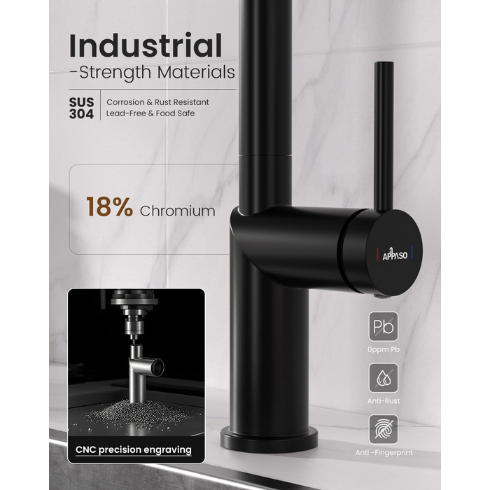 Кухонний змішувач Appaso, висувний, чорний, з 2 режимами струменя, 360° поворот, для кухні | Нержавіюча сталь, матовий чорний