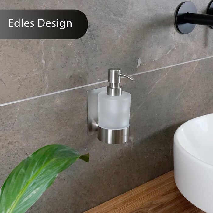 Dolvhin® Soap Dispenser Wall Mount No Drilling | Frosted Glass Hand Soap Dispenser | Stainless Steel Pump Dispenser & Wall Holder | Adhesive Wall Soap Dispenser | Dish Soap Dispenser 250ml | Silver Gray