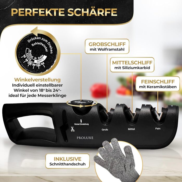 Точилка для ножів Proluxe® Profi з кутовою направляючою та точилка для ножиць – з захисними рукавичками. 4-ступенева ручна точилка для кухонних ножів, ножів дамаск та ножиць – алмазний точильний пристрій