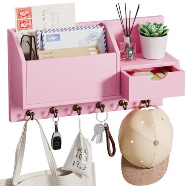 Настінна органайзер для ключів з 6 гачками та шухлядою, дерев'яний, для дому, офісу, прихожої (білий, рожевий)