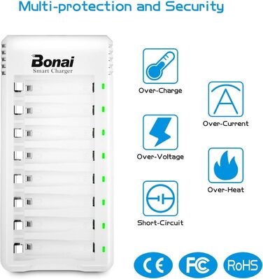 Зарядний пристрій BONAI для акумуляторів AA/AAA NI-MH з LED-дисплеєм та USB-зарядкою, 8 слотів